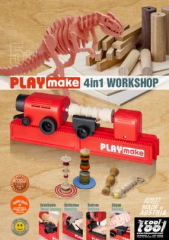 PLAYmake 4 In 1 Houtbewerkingsmachine Houtdraaibank -Beste Speelgoed Winkel Playmake Flyer speelactief
