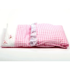 Houten Poppenwagen Pink -Beste Speelgoed Winkel dekje roze geruit met 2 bloempjes 2