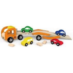 Houten Autotransporter Met 4 Auto’s Vigatoys -Beste Speelgoed Winkel houten autotransporter vigatoys 50825 1 1